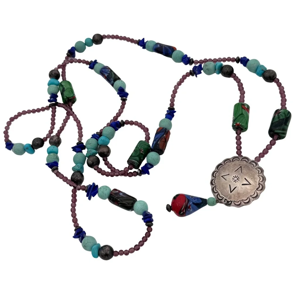 Signed‎ Carlisle Sterling Necklace Beads Gemstones Star Native American Rare 53